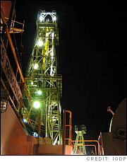 The derrick of the JOIDES Resolution, the scientific drilling ship used to recover the ocean crust. (Credit: IODP)