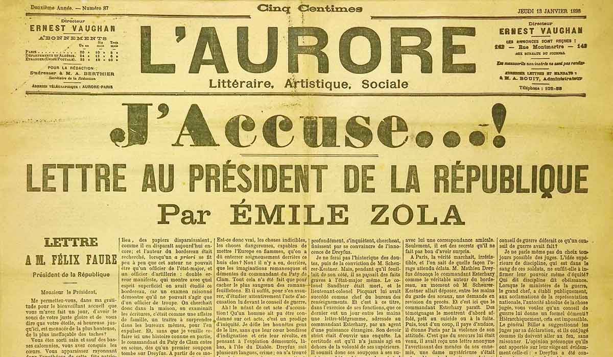 French writer Emile Zola published his "J'Accuse" letter, accusing the French of a cover-up in the Dreyfus Affair 