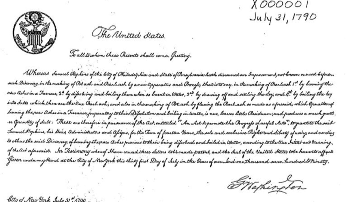 The first U.S. patent was issued to Samuel Hopkins of Vermont for a process of making fertilizer.