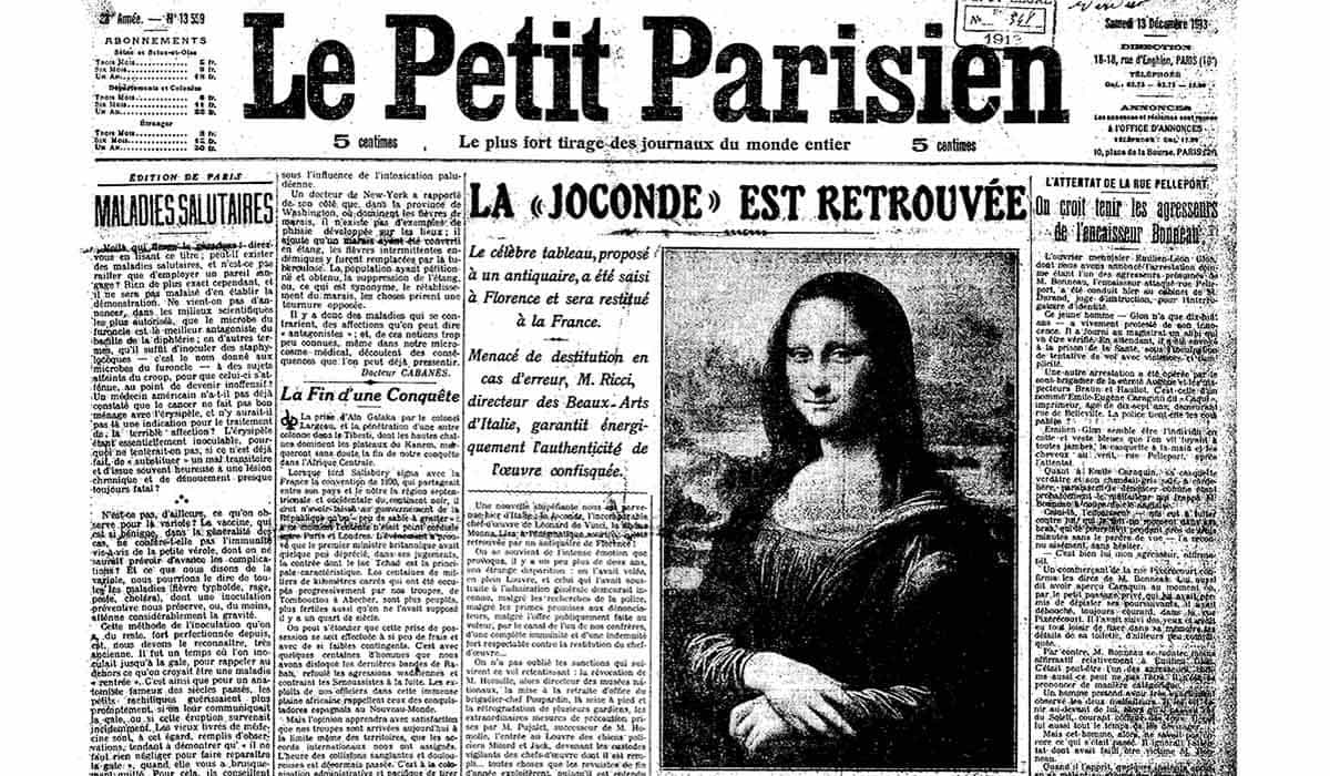 The Mona Lisa was recovered in Florence after having been stolen two years earlier (August 1911) fro
