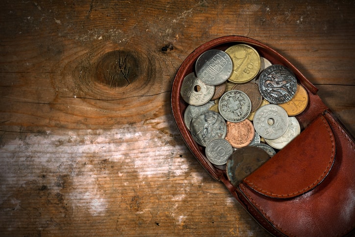 Leather bag with coins