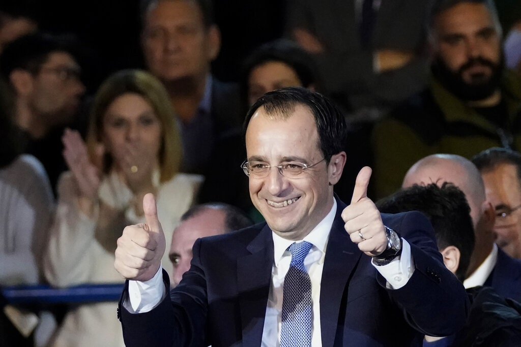President elect Nikos Christodoulides greets his supporters during his inauguration ceremony after being elected as a new President of Cyprus, in the capital Nicosia, Cyprus, Sunday, Feb. 12, 2023.