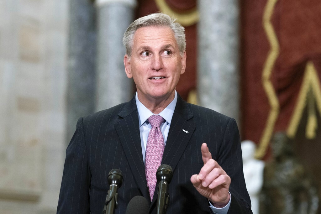 Speaker of the House Kevin McCarthy, R-Calif., speaks during a news conference in Statuary Hall at the Capitol in Washington, Thursday, Jan. 12, 2023.