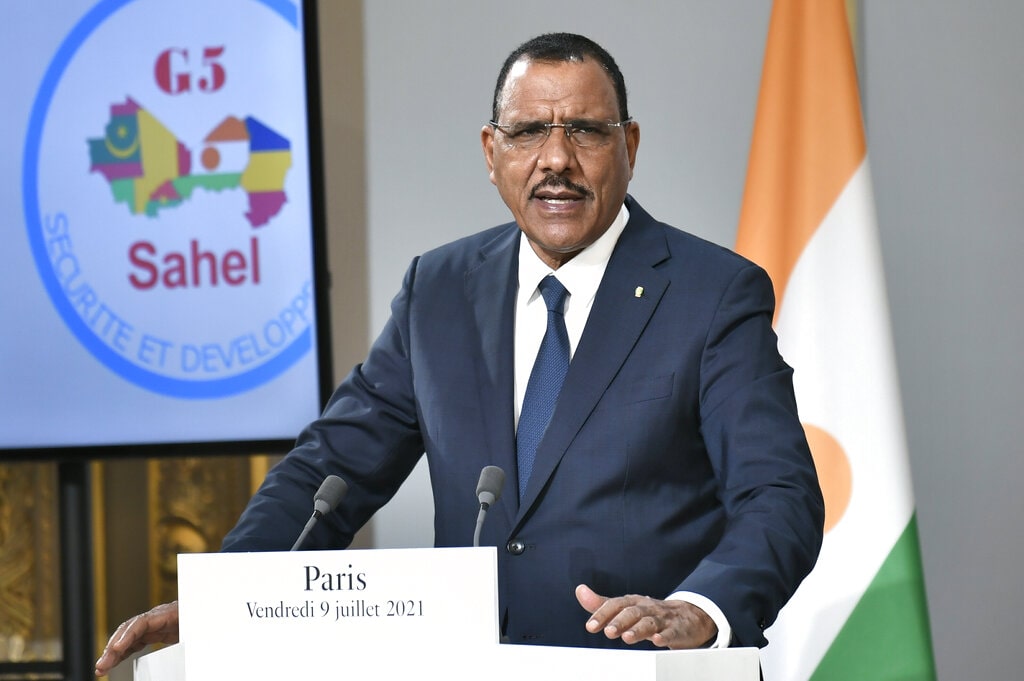 Niger's President Mohamed Bazoum delivers a speech after a video summit with leaders of G5 Sahel countries at the Elysee presidential Palace in Paris, Friday July 9, 2021.