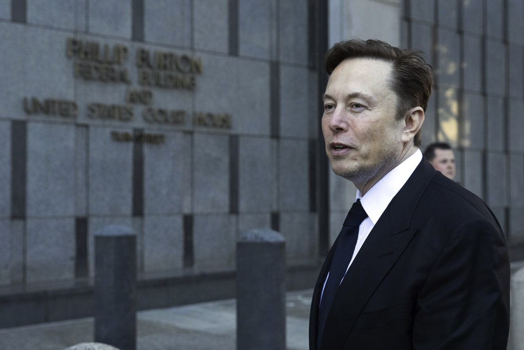 Elon Musk departs the Phillip Burton Federal Building and United States Court House in San Francisco, on Tuesday, Jan. 24, 2023.